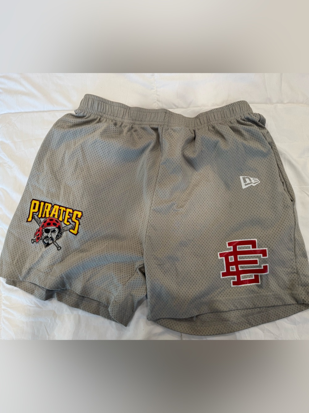 Eric Emanuel New Era Gray Mesh Pittsburgh Pirates Shorts Red and Yellow Logos